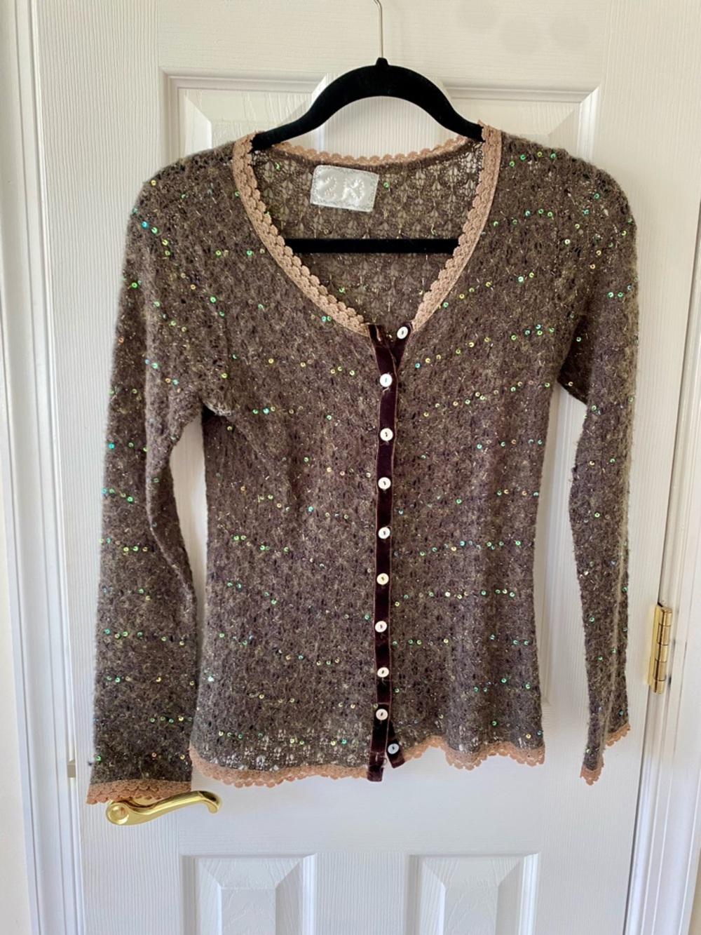 Sequined Brown Knit Cardigan with Lace Trim